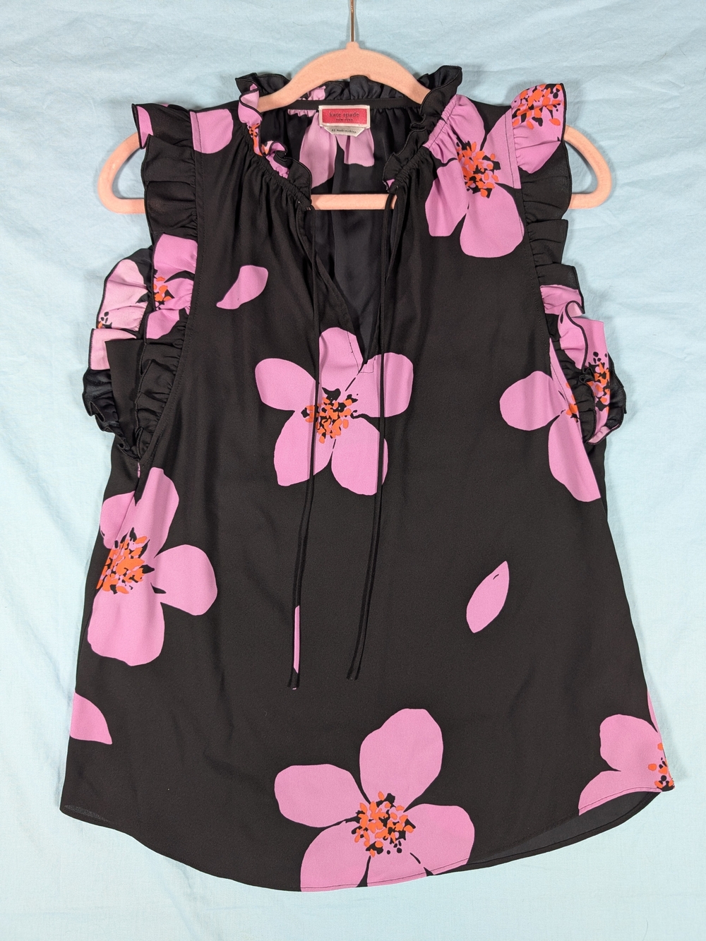 kate spade Black Floral Sleeveless Ruffle Tie-Front Camisole with Pink Blooms